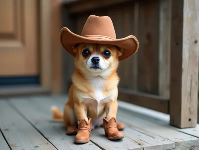 Small Chihuahua Wearing Cowboy Hat And Boots