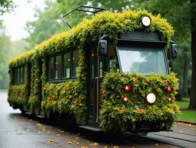 Floral Decorated Tram Moving Through A Green Park