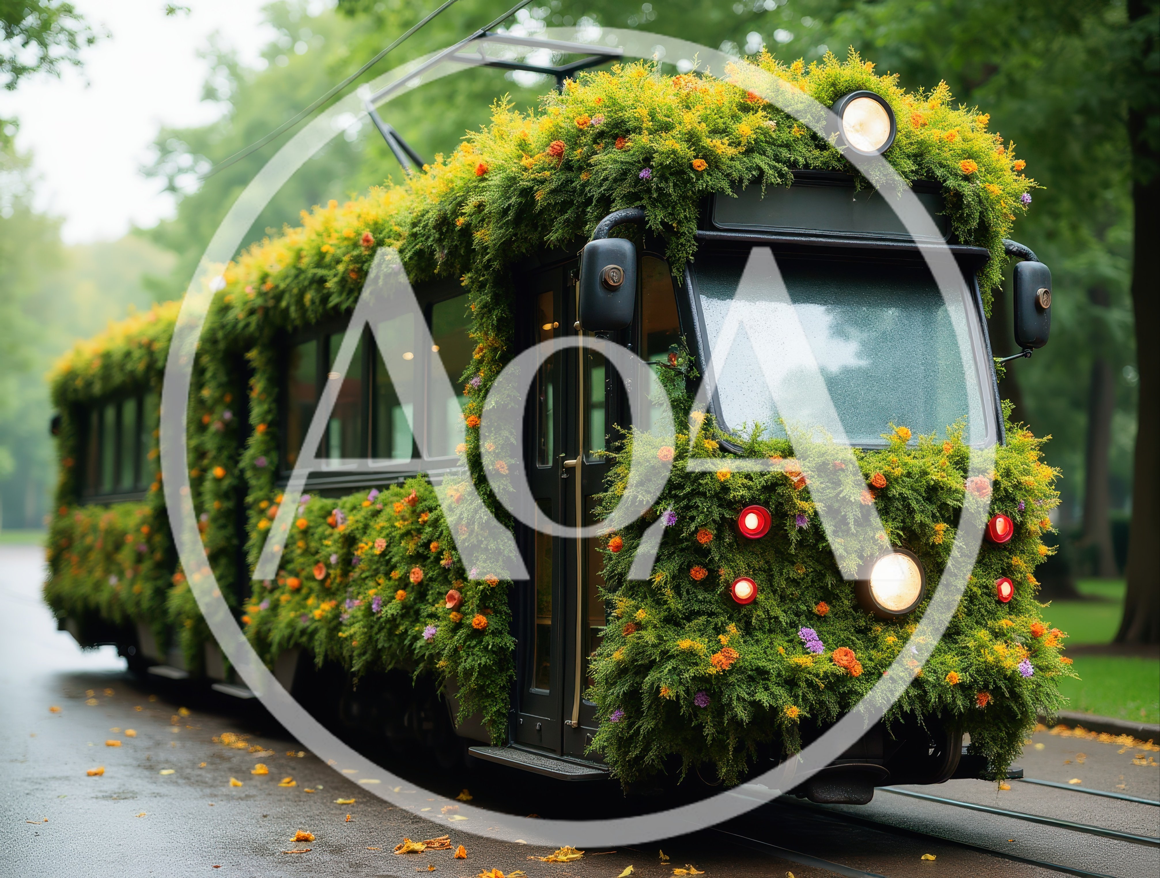 Floral Decorated Tram Moving Through A Green Park