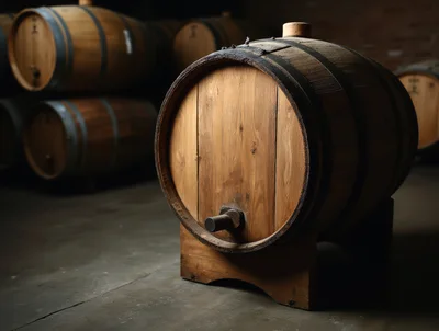 Wooden Wine Barrel Resting On A Stand In Cellar
