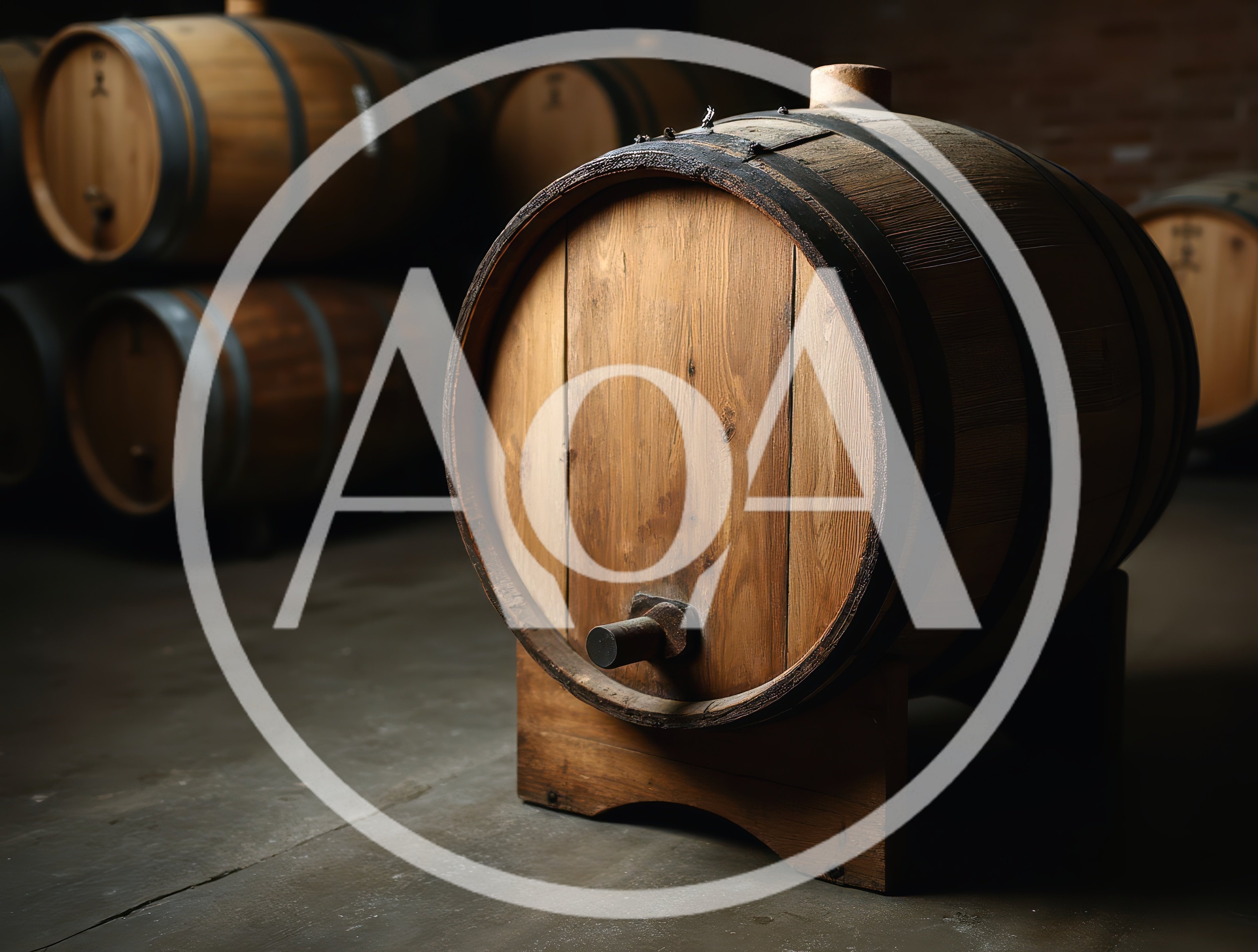 Wooden Wine Barrel Resting On A Stand In Cellar