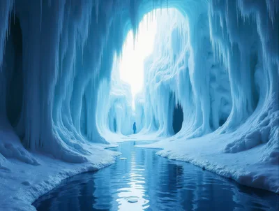 Lone Figure Standing In A Vast Ice Cave