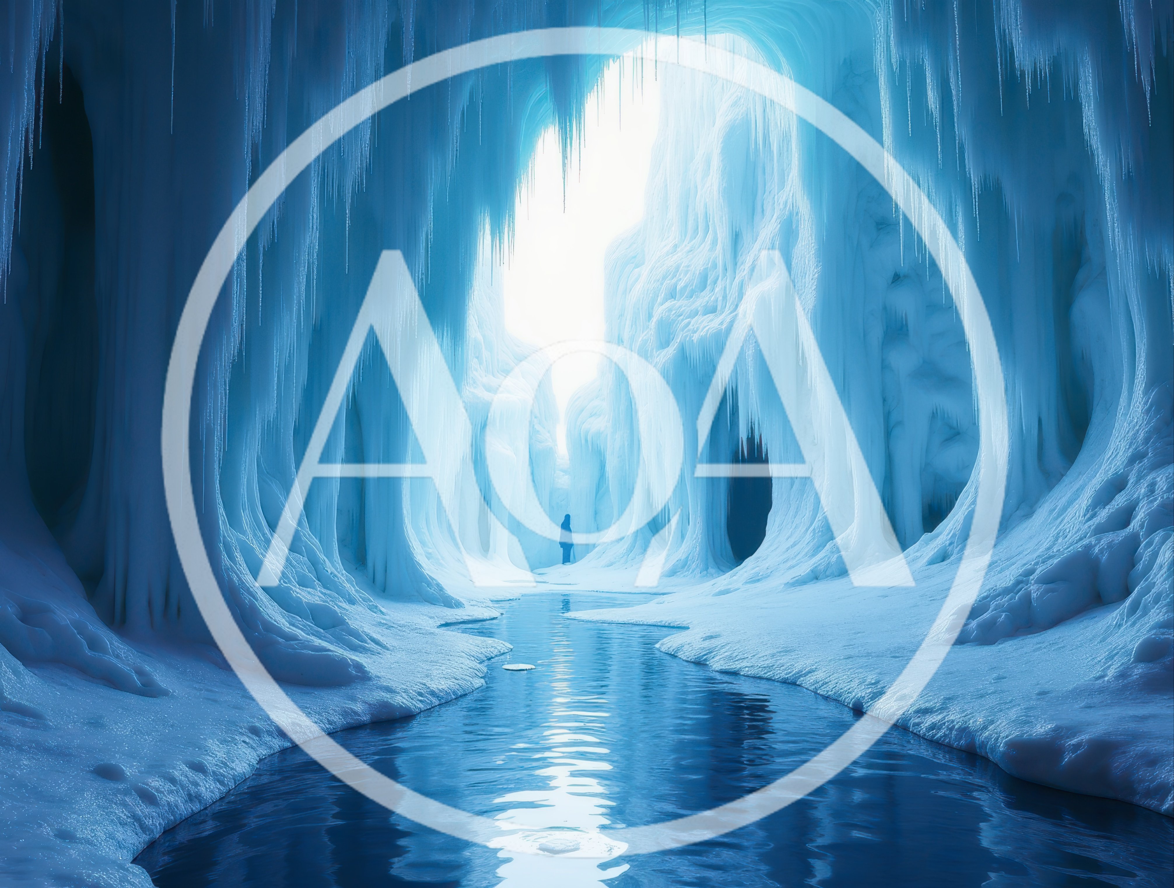 Lone Figure Standing In A Vast Ice Cave