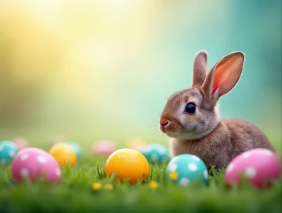 Cute Brown Rabbit Sitting Among Colorful Easter Eggs