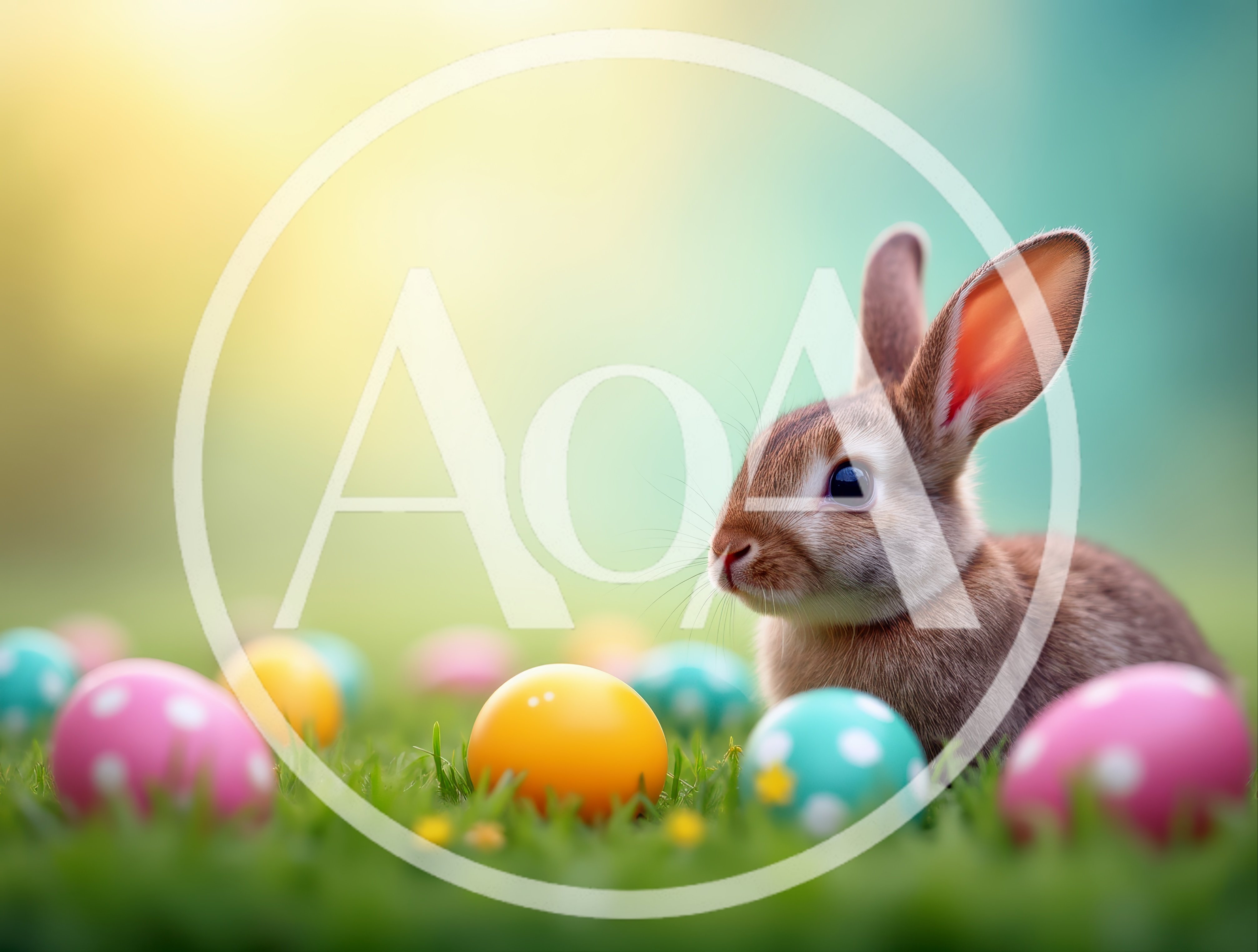 Cute Brown Rabbit Sitting Among Colorful Easter Eggs