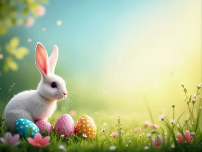 White Easter Bunny Sitting With Decorated Eggs
