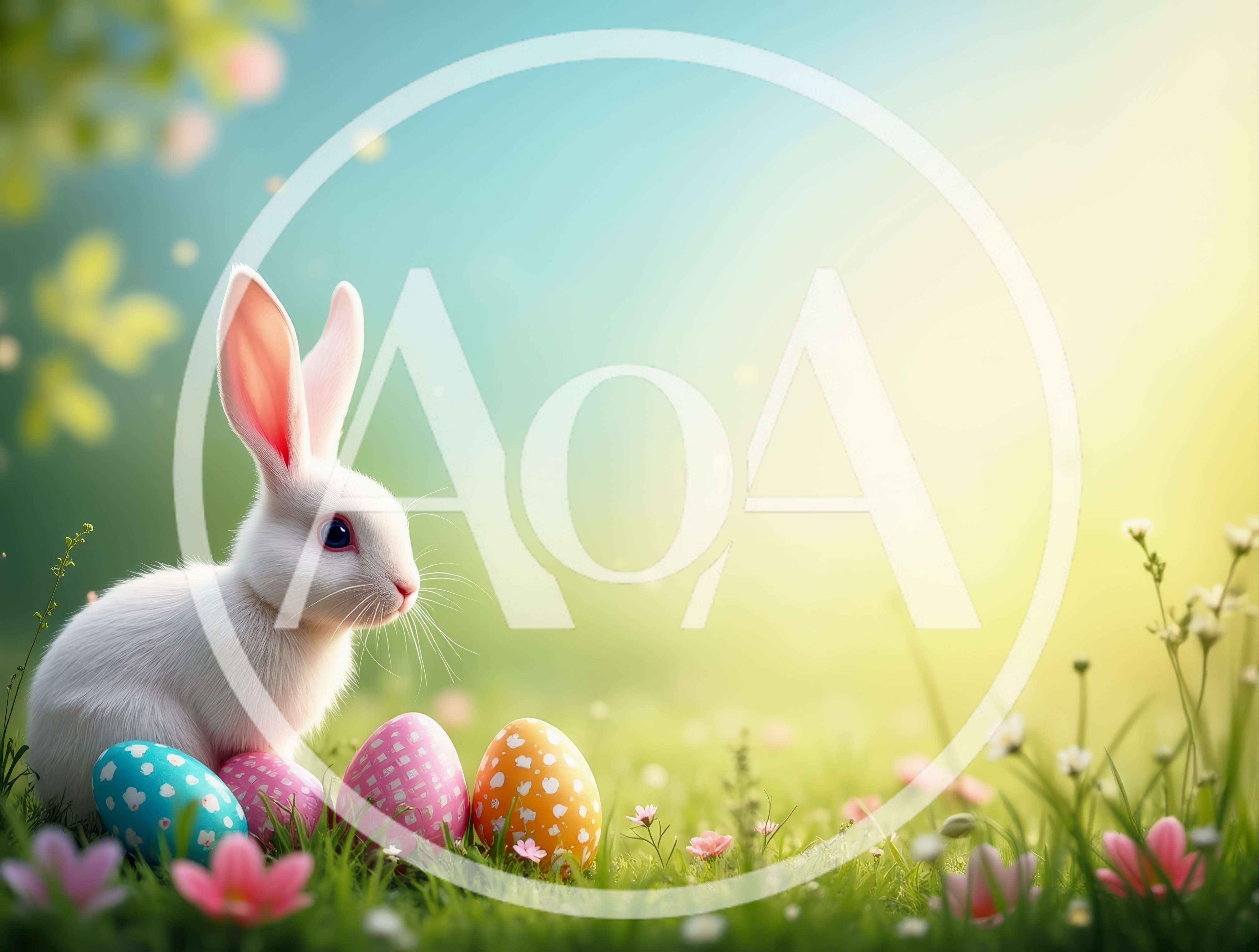 White Easter Bunny Sitting With Decorated Eggs