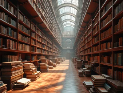Grand Library Interior With Stacks Of Antique Books