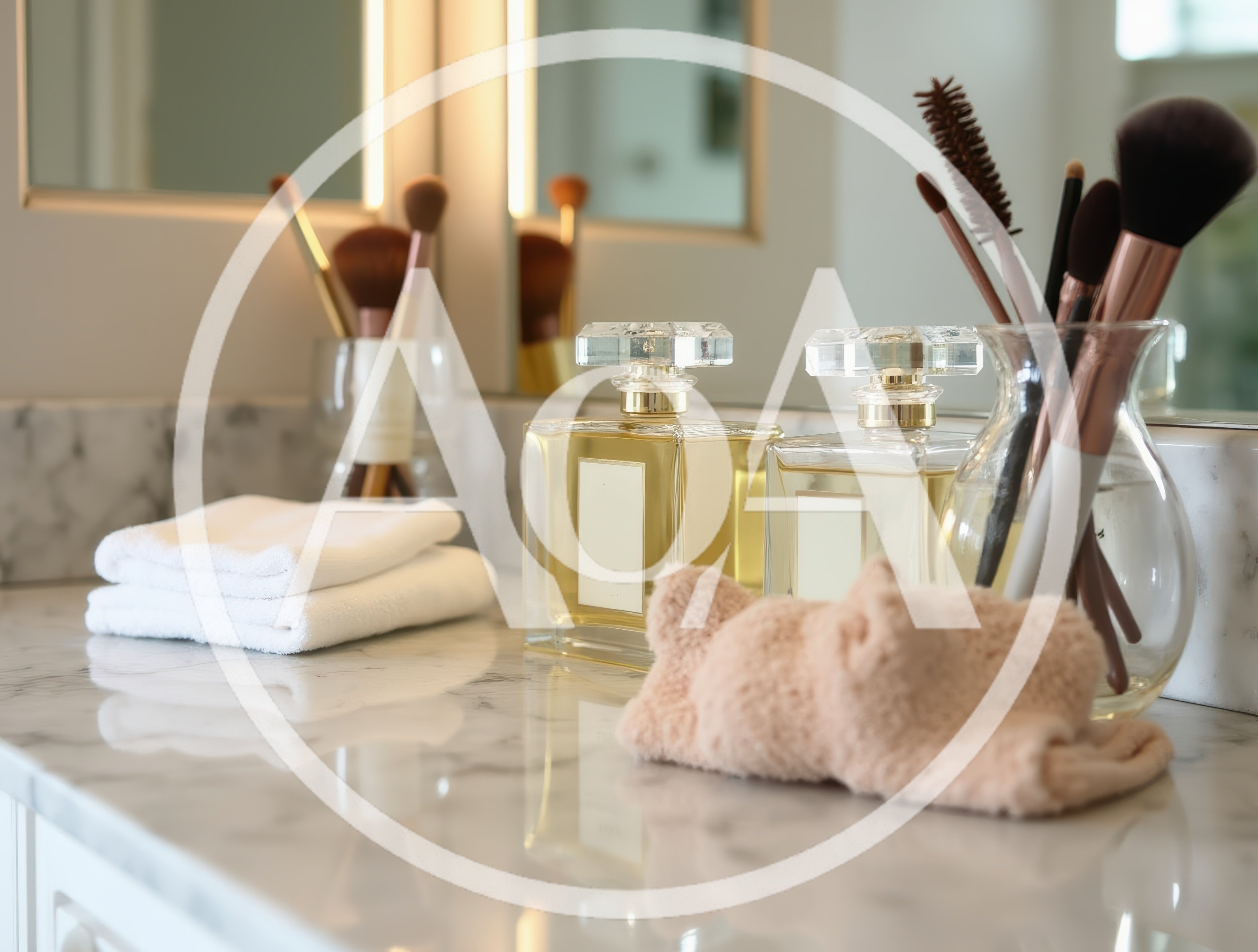 Luxury Perfume Bottles and Makeup Brushes on Marble Vanity