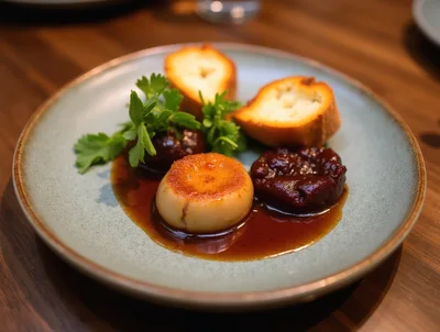 Gourmet Scallop Appetizer With Glazed Fruit And Bread