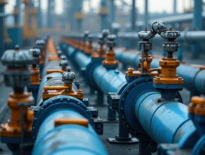 Industrial Pipeline Network With Blue Pipes And Valves