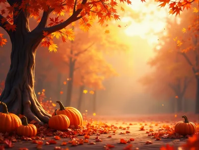 Autumn Forest Scene With Pumpkins And Falling Leaves