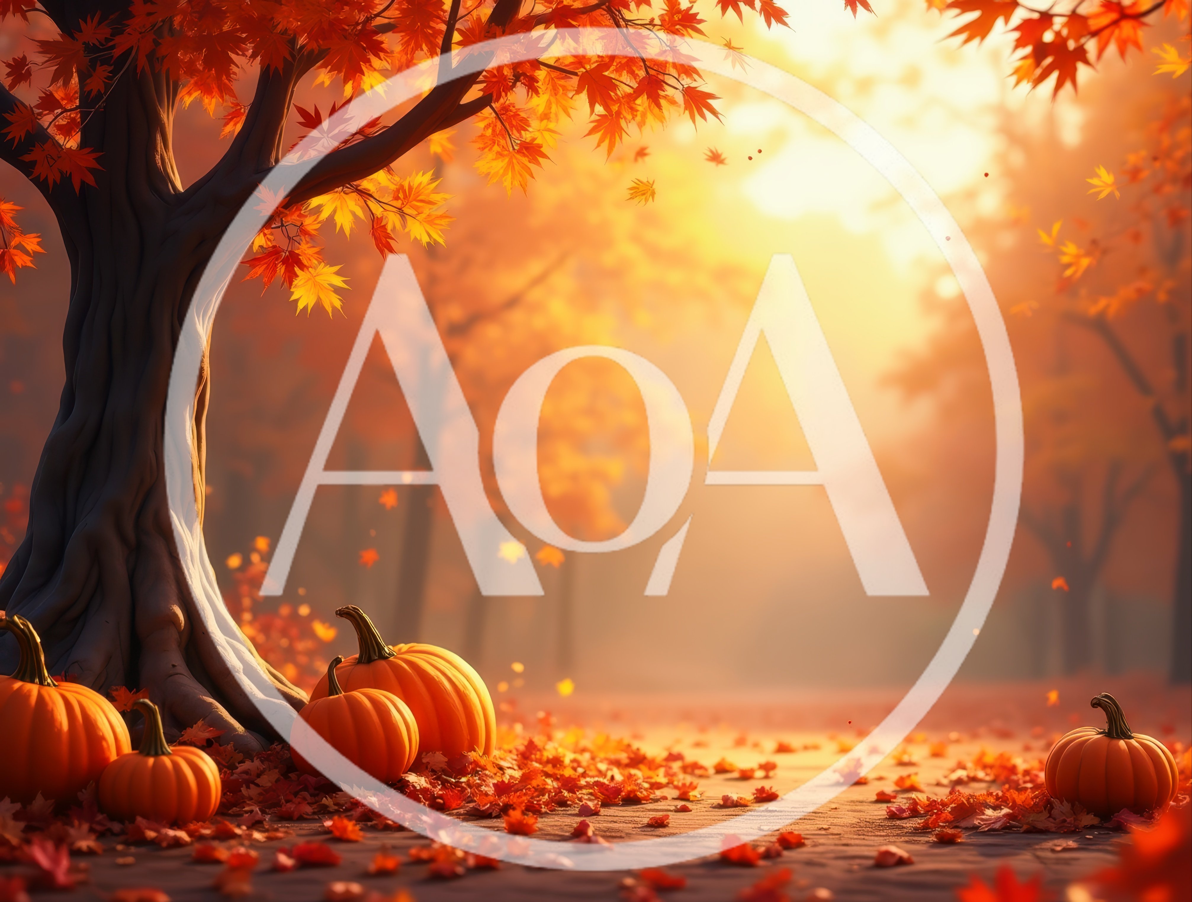 Autumn Forest Scene With Pumpkins And Falling Leaves