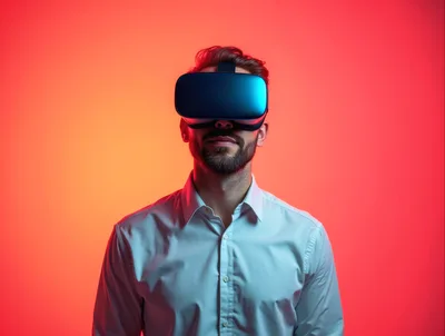 Man Wearing Virtual Reality Headset Against Gradient Background