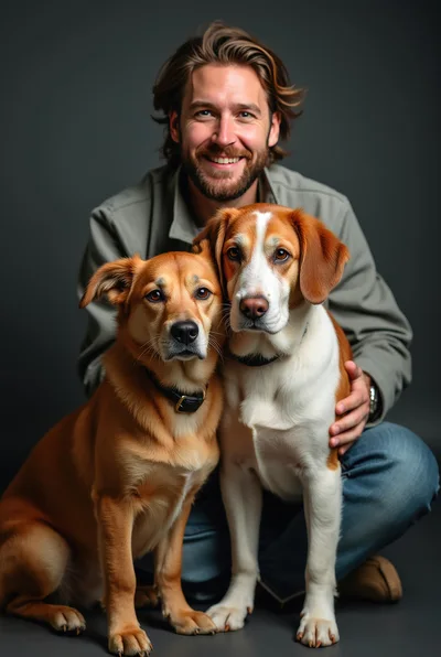 Smiling Man Posing With Two Dogs
