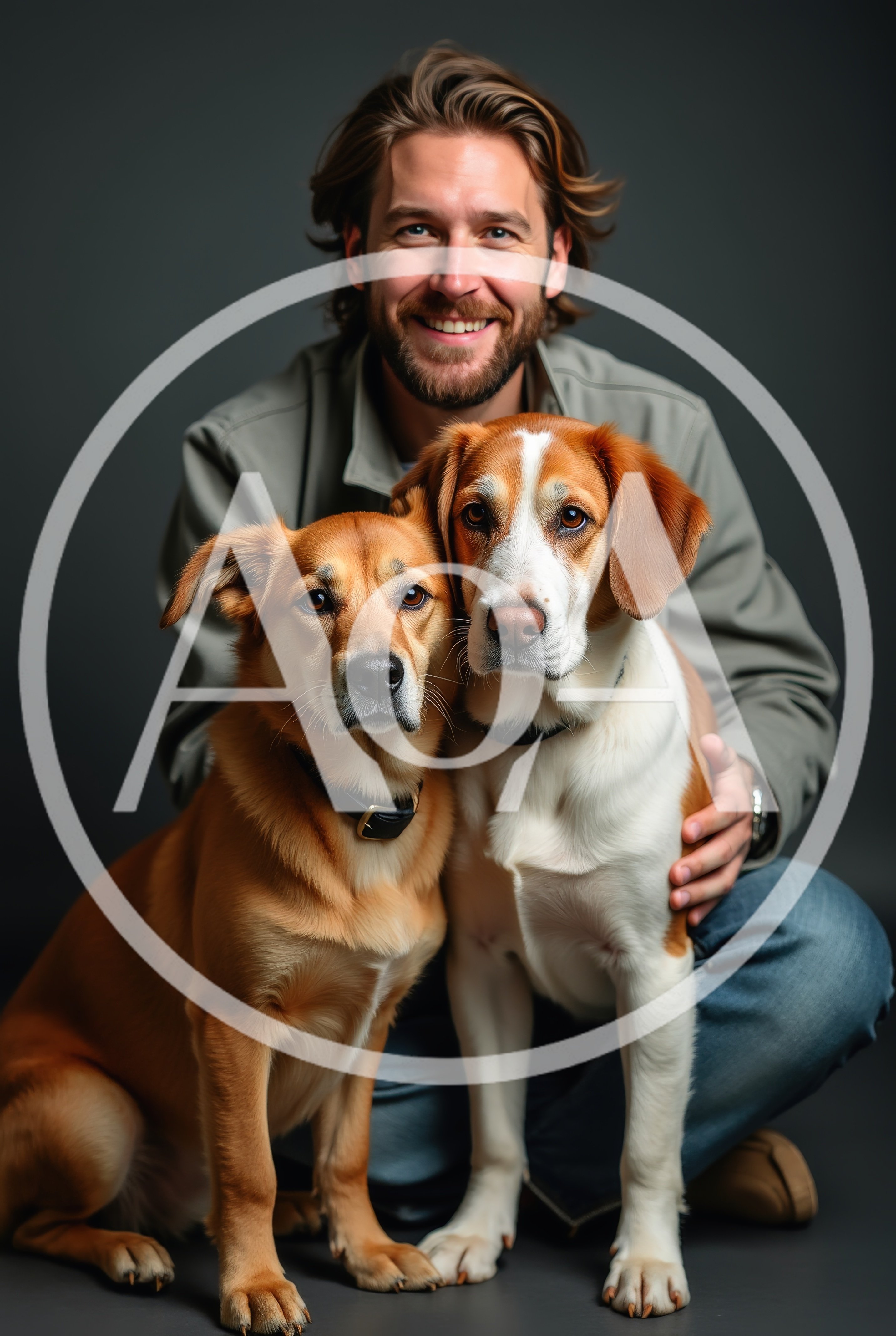 Smiling Man Posing With Two Dogs