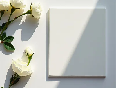 White Flowers Beside Blank Rectangular Canvas Frame