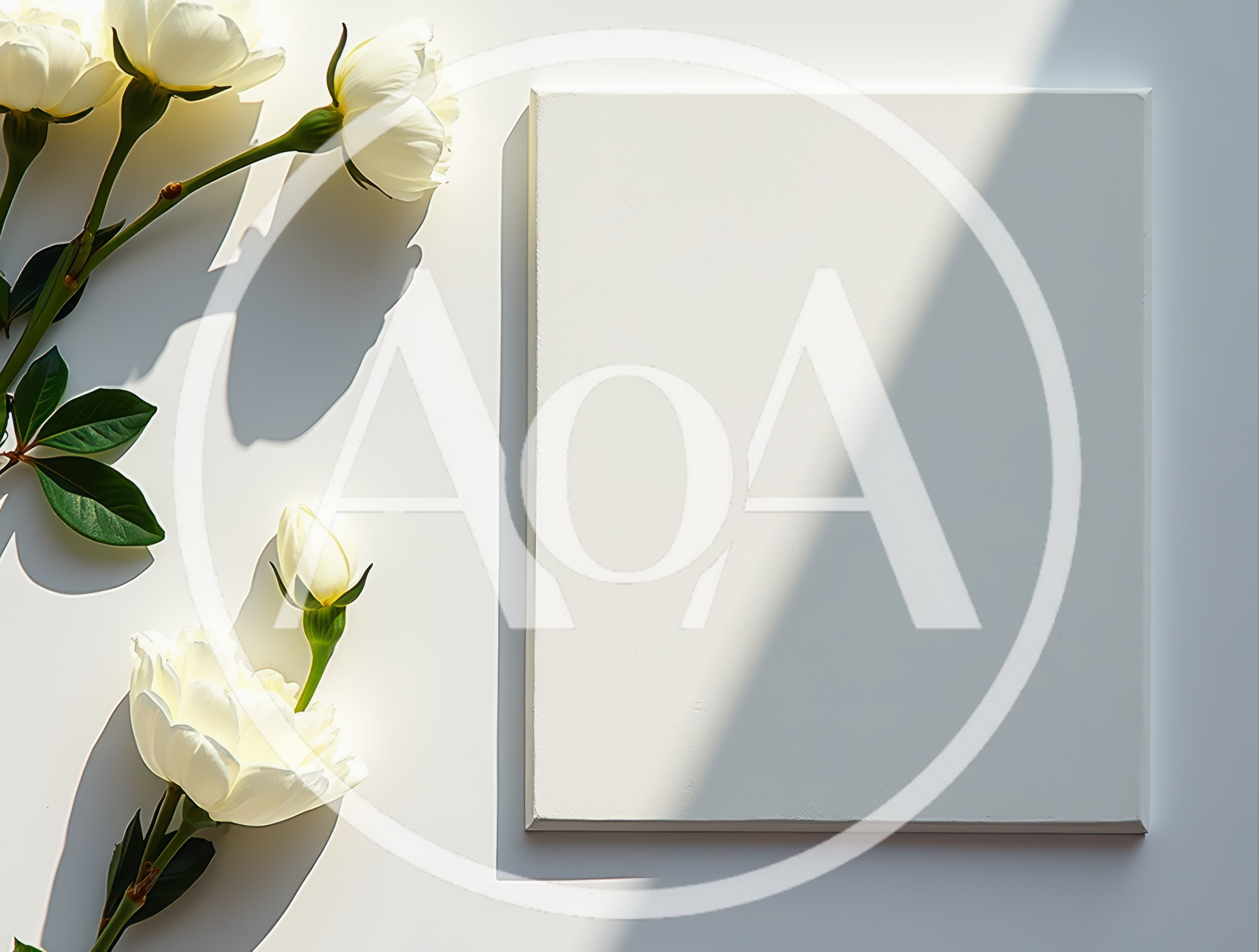 White Flowers Beside Blank Rectangular Canvas Frame