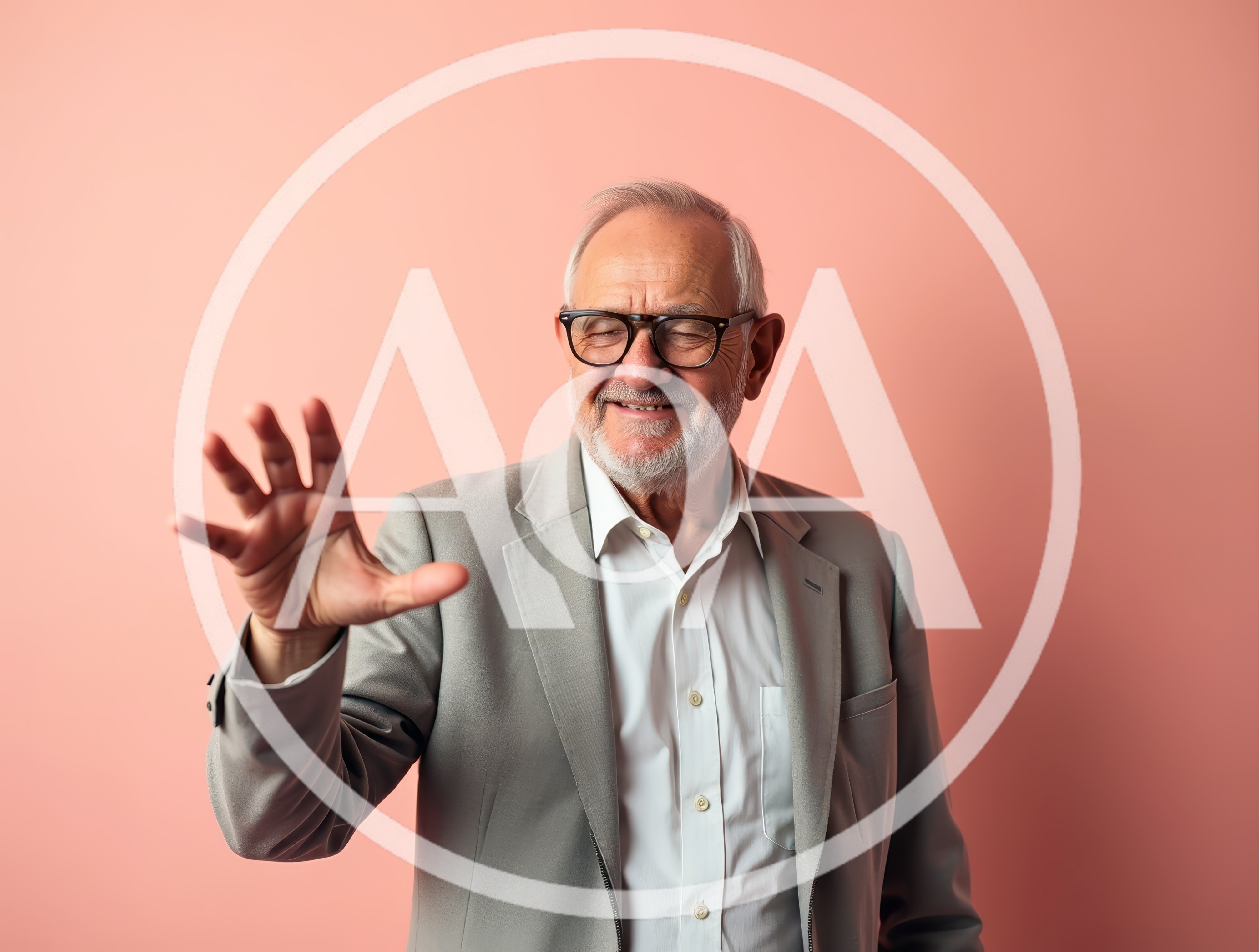 Senior Man Waving Hello Against Pink Background