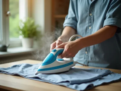 Person Ironing A Blue Shirt On A Wooden Table