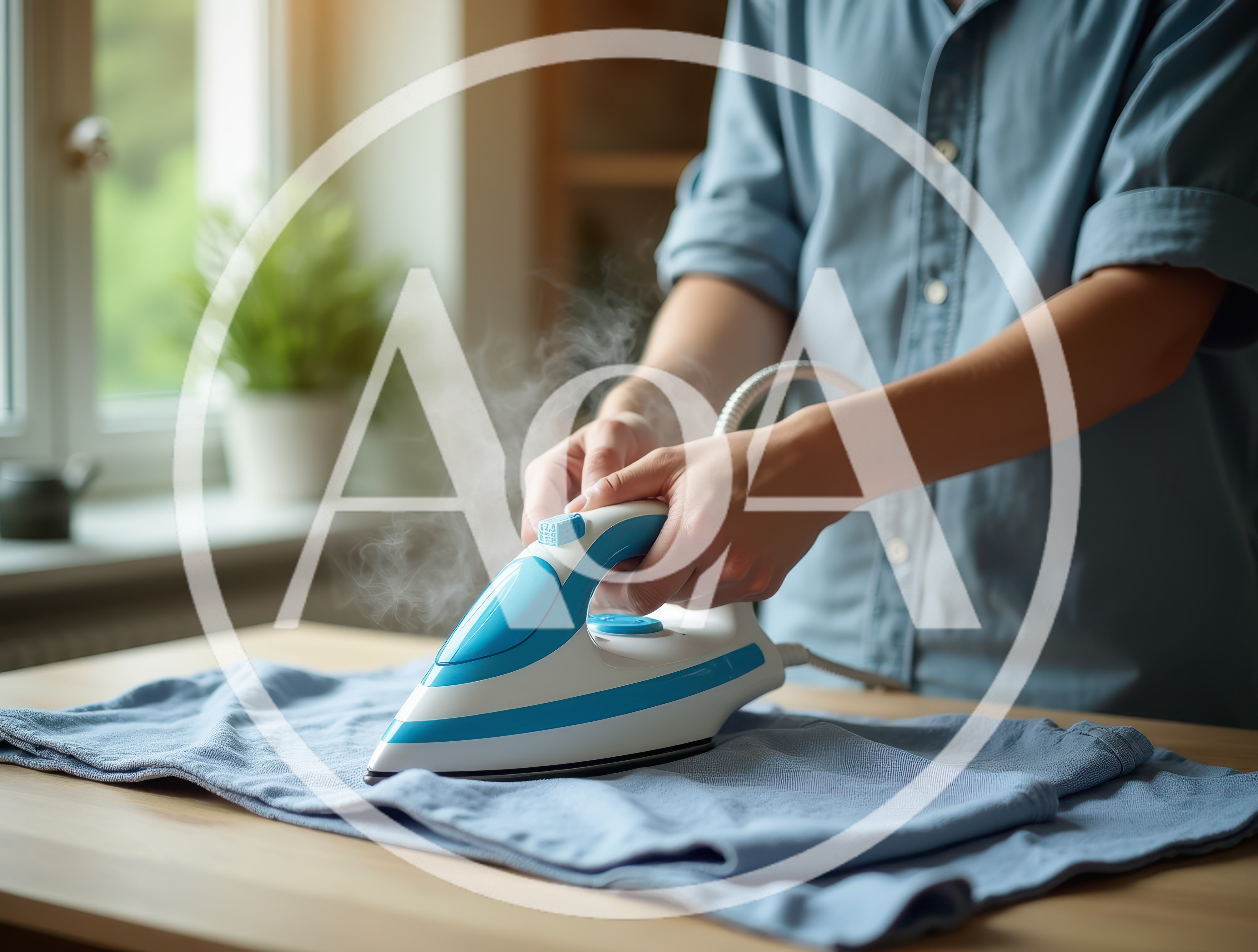 Person Ironing A Blue Shirt On A Wooden Table