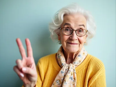 Elderly Woman Making Peace Sign Gesture
