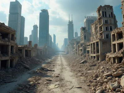 Post-Apocalyptic City Street With Ruined Buildings