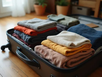 Open Suitcase Packed With Folded Clothing
