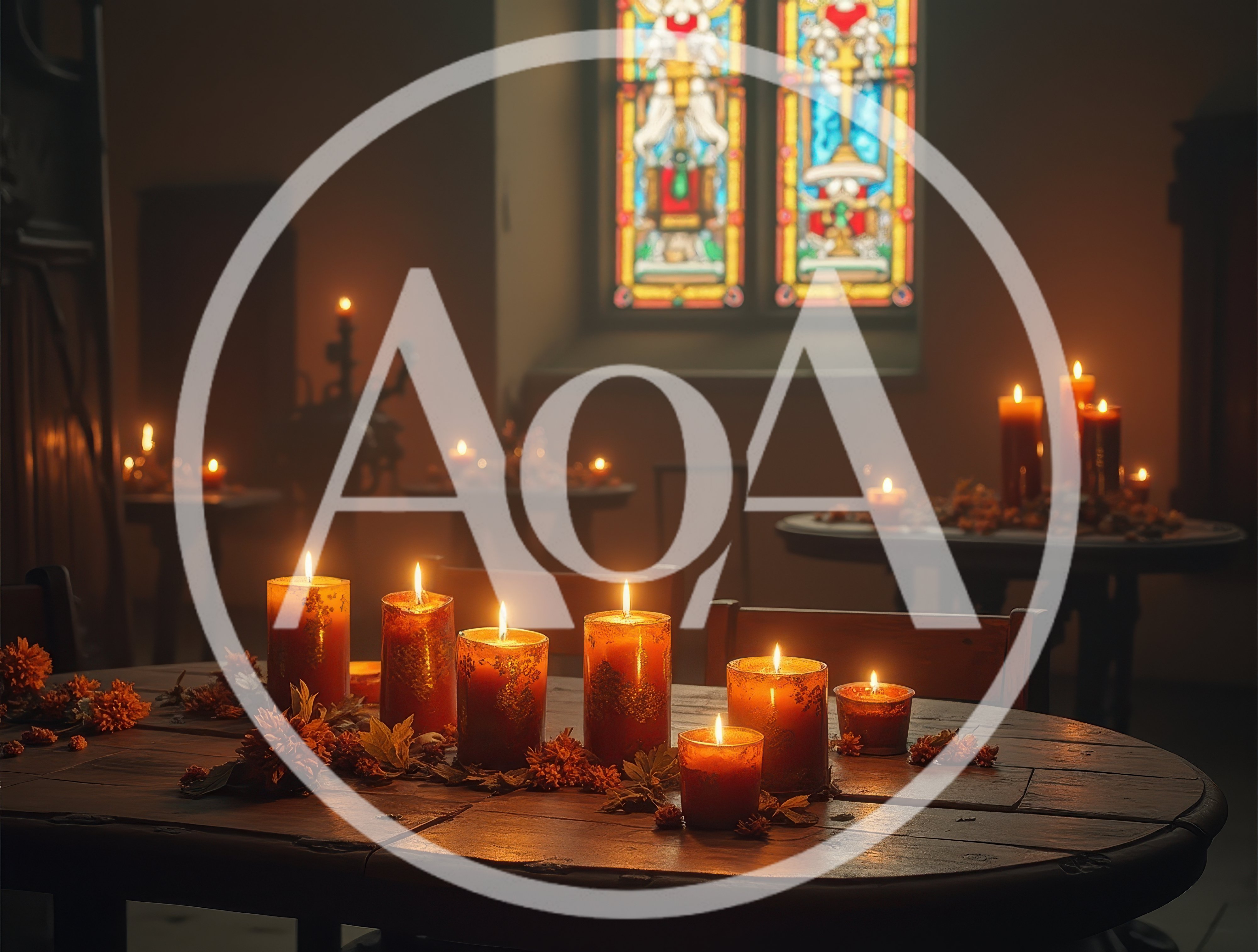 Candlelit Wooden Table In A Dimly Lit Church