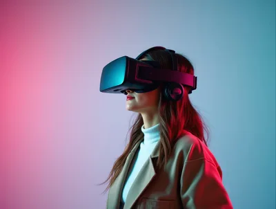 Woman Wearing Virtual Reality Headset In Neon Lighting