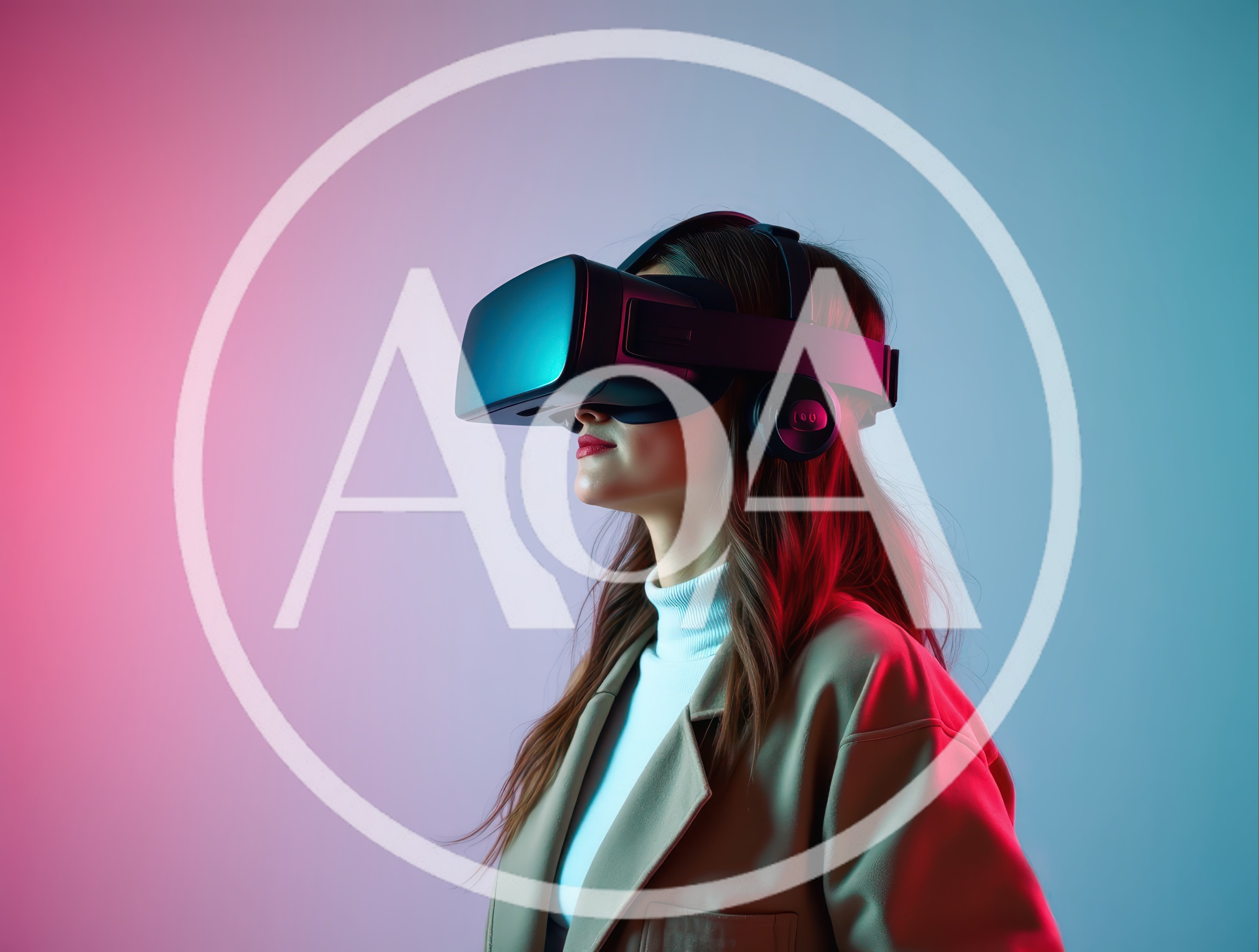Woman Wearing Virtual Reality Headset In Neon Lighting