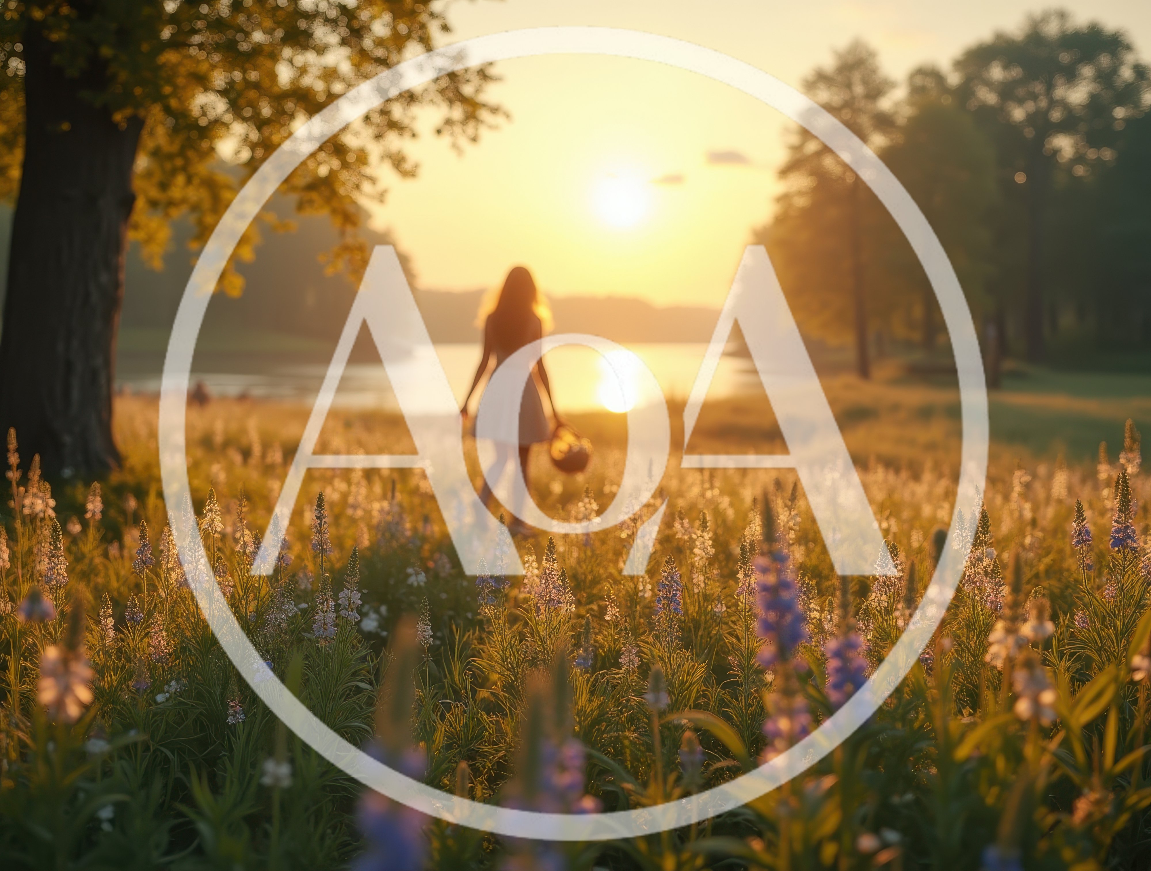Woman Walking Through Wildflower Meadow At Sunset