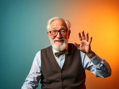 Cheerful Elderly Man Waving Hello Against Colorful Background