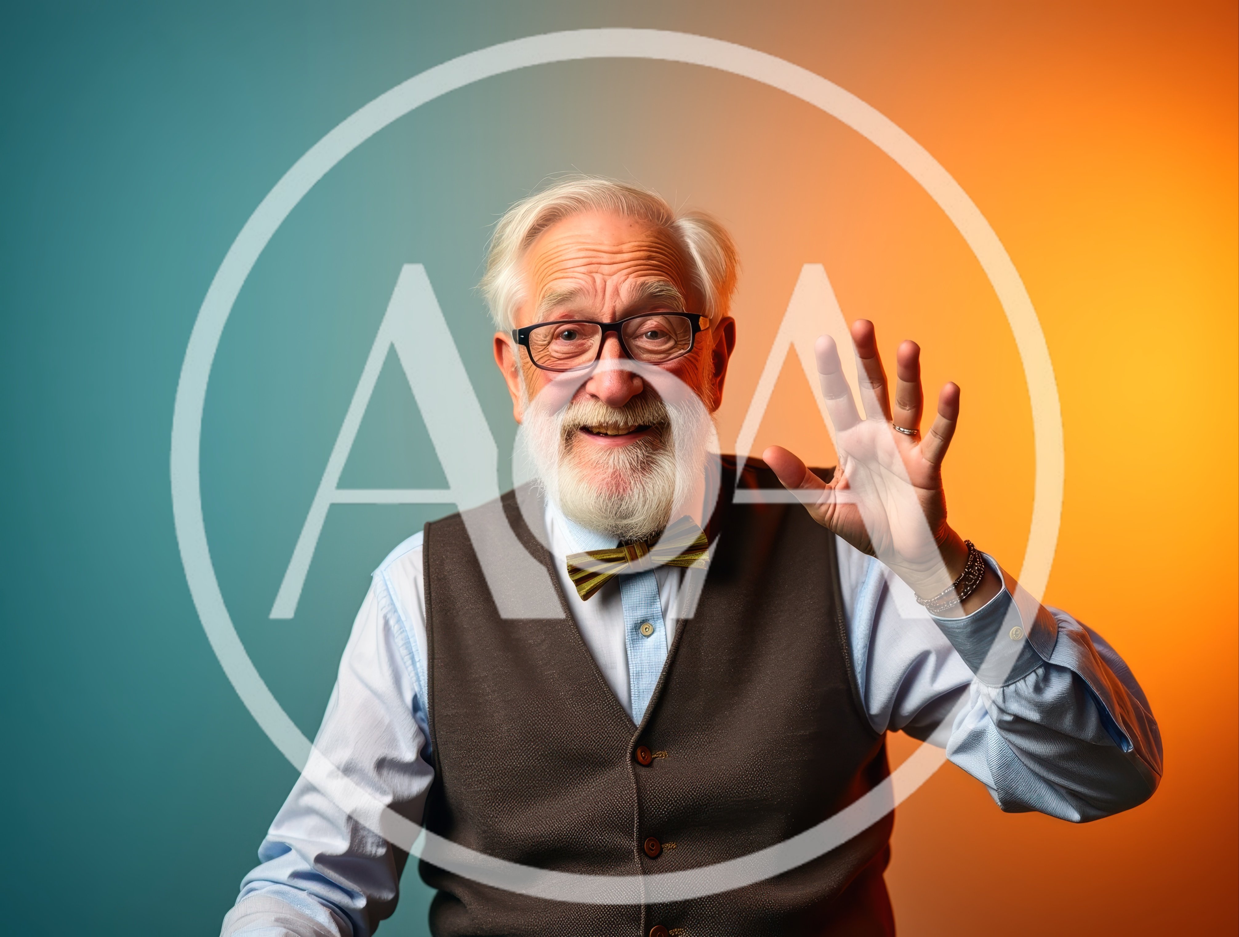 Cheerful Elderly Man Waving Hello Against Colorful Background