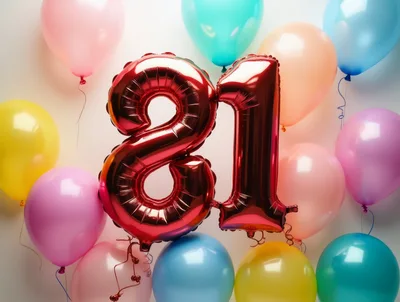 Red Foil Number 81 Balloons With Colorful Party Balloons