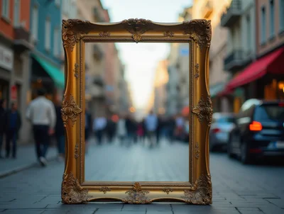 Ornate Gold Picture Frame Standing On City Street