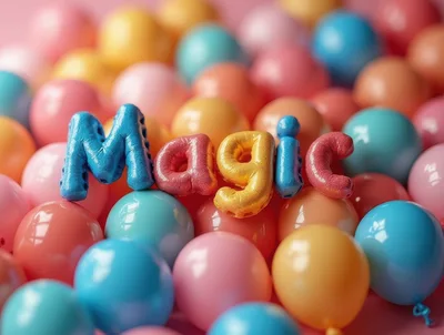 Magic Word Balloon Text Surrounded By Colorful Balloons