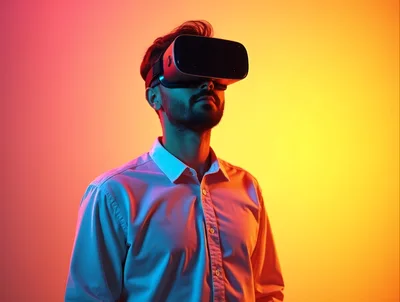 Man Wearing Virtual Reality Headset Under Neon Lighting