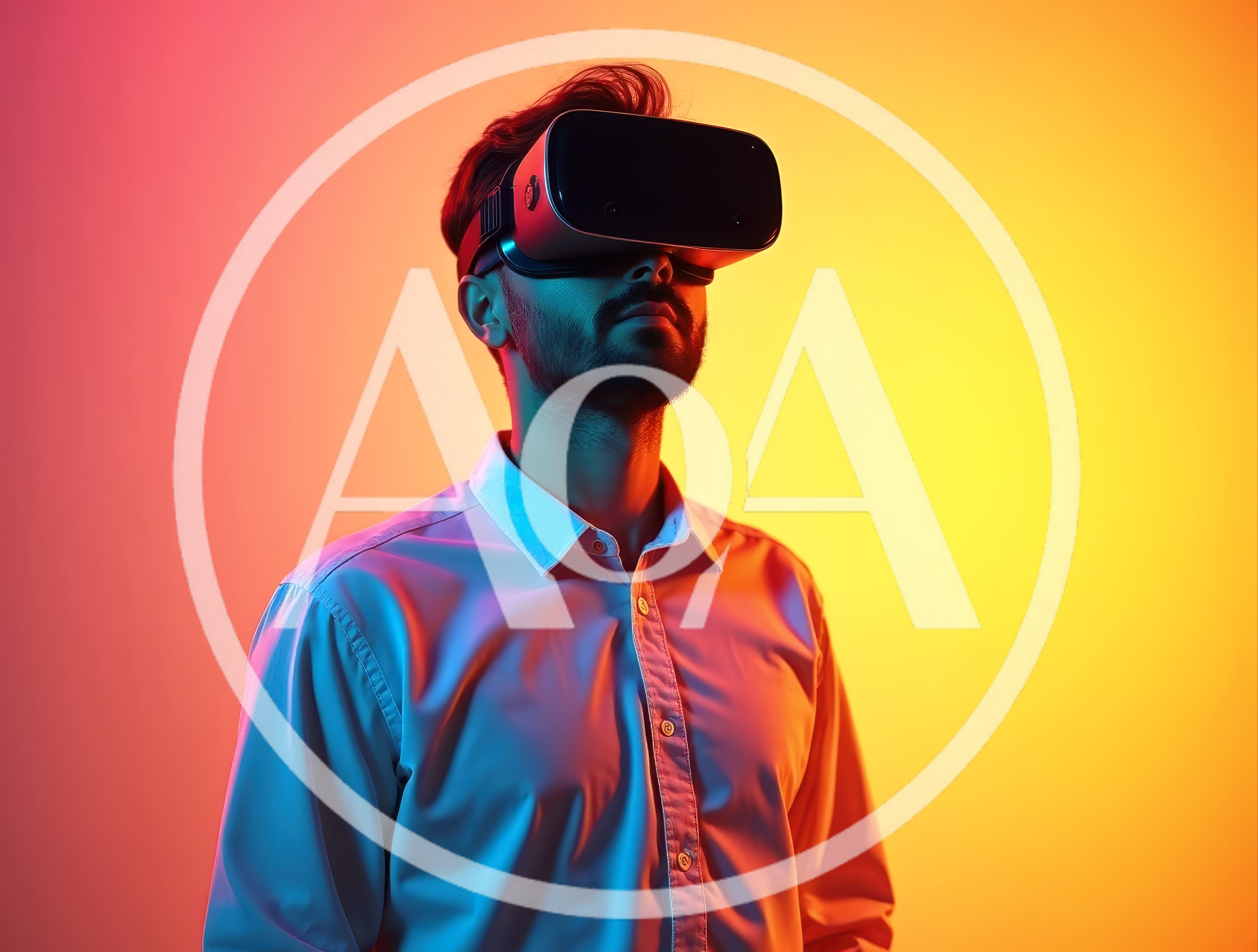 Man Wearing Virtual Reality Headset Under Neon Lighting