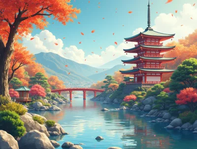 Traditional Japanese Pagoda and Red Bridge in Autumn