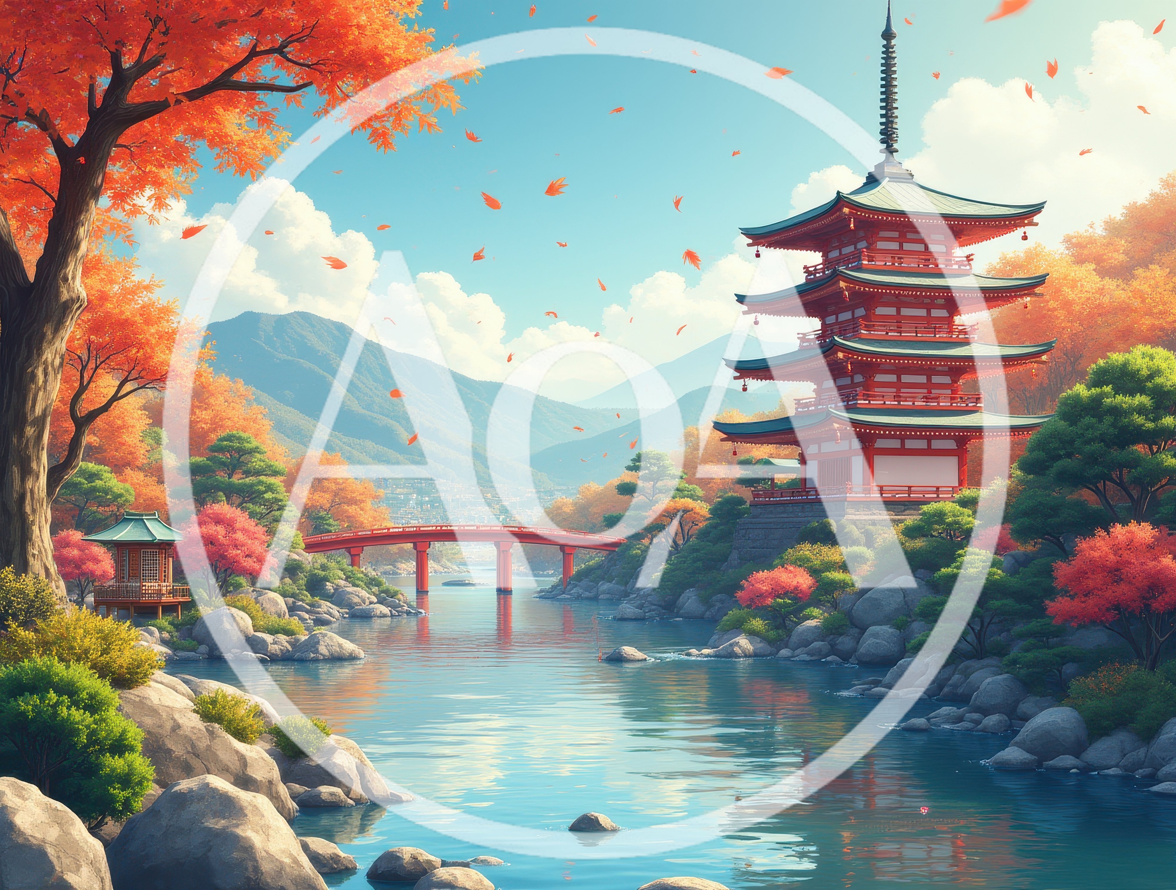 Traditional Japanese Pagoda and Red Bridge in Autumn