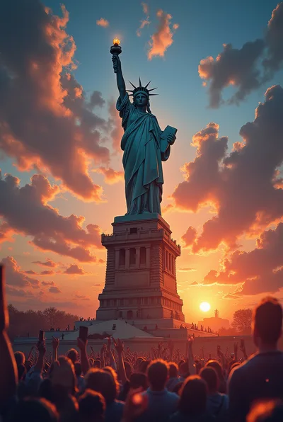 Crowd Gathering At The Statue Of Liberty At Sunset