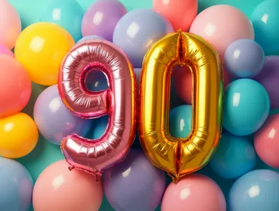 Number 90 Foil Balloons on Colorful Balloon Background