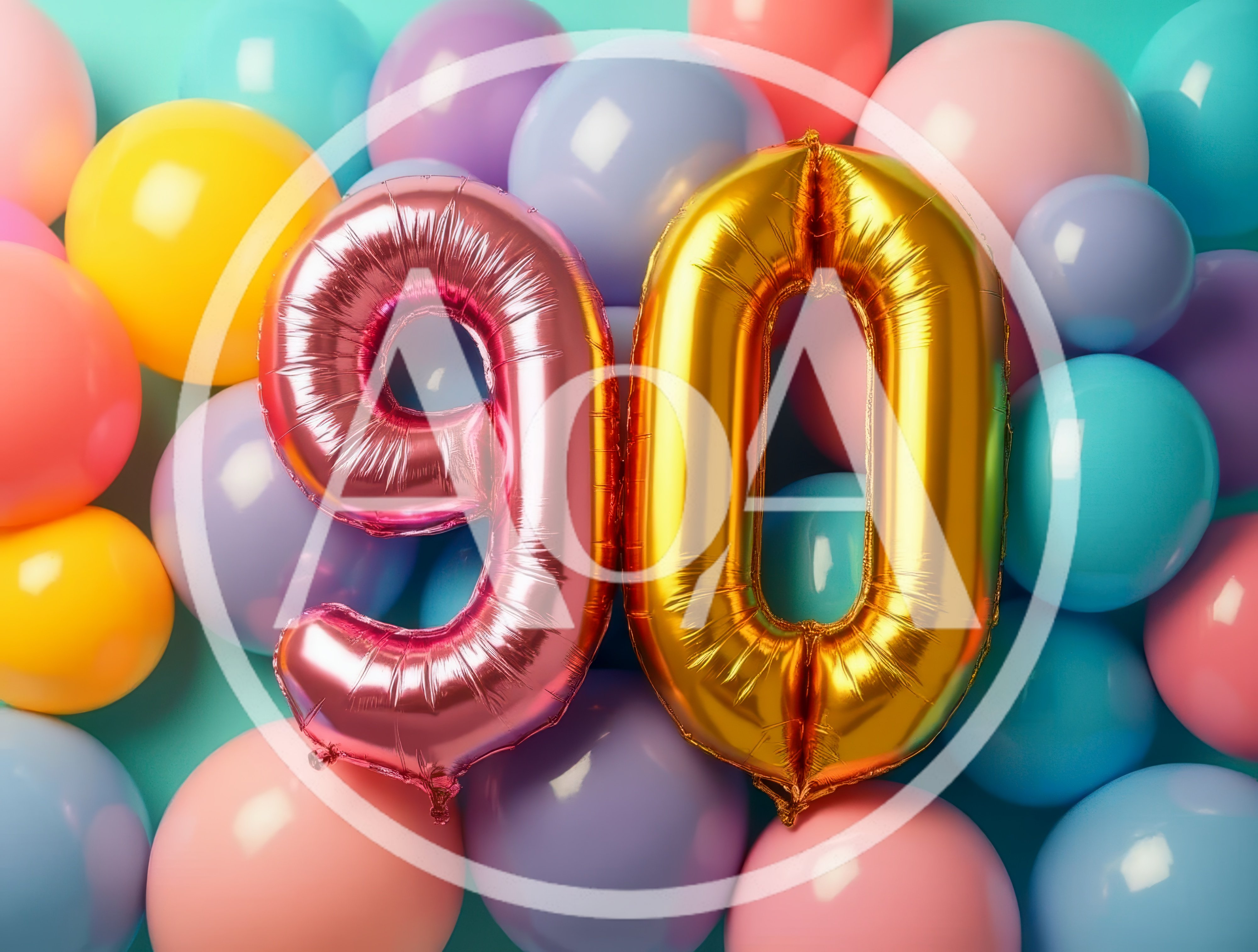 Number 90 Foil Balloons on Colorful Balloon Background