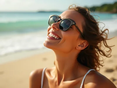 Smiling Woman Wearing Sunglasses Enjoying Sunny Beach Day