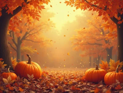 Autumn Forest Scene With Pumpkins And Falling Leaves