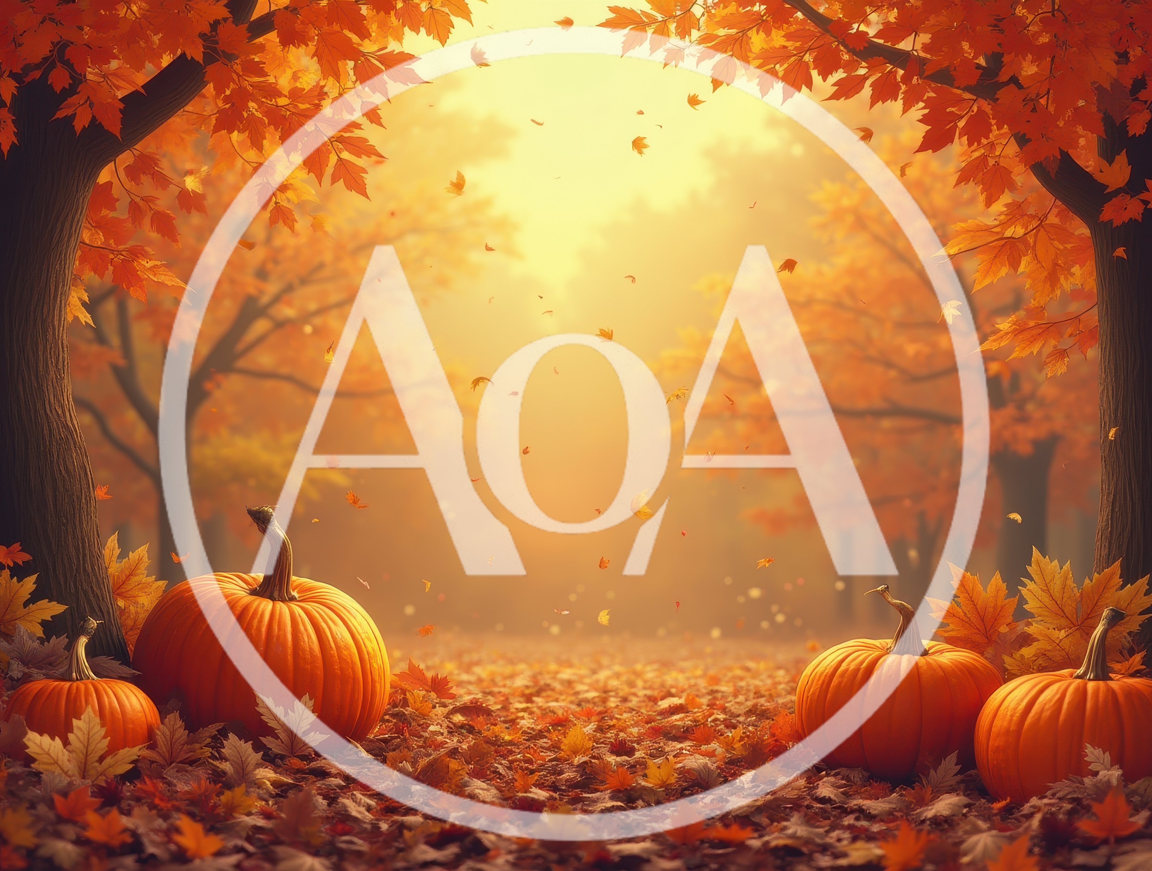 Autumn Forest Scene With Pumpkins And Falling Leaves