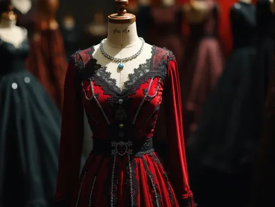 Gothic Red Velvet Dress On A Tailor Mannequin