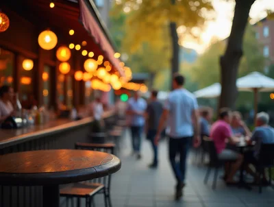 Outdoor Restaurant Patio With Blurred People Walking