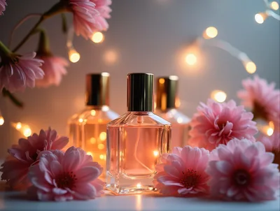Perfume Bottles Surrounded By Pink Flowers And Fairy Lights